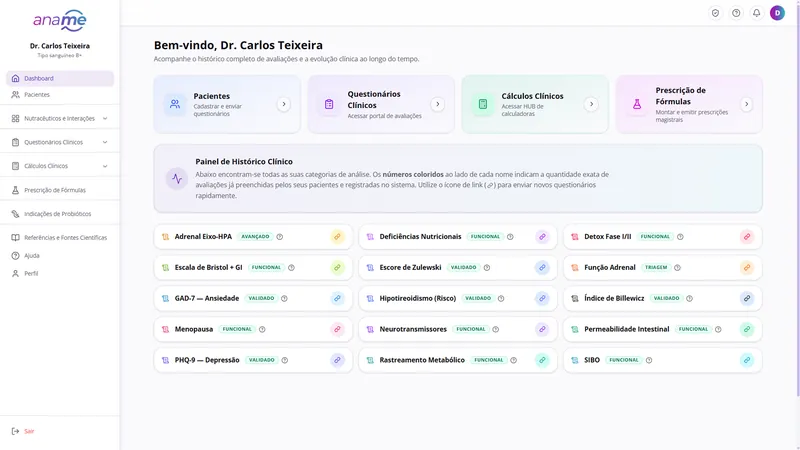 Painel do AnameLab com questionários clínicos e cálculos