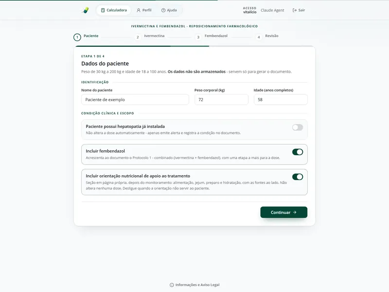 Primeira etapa da calculadora de dose: dados do paciente